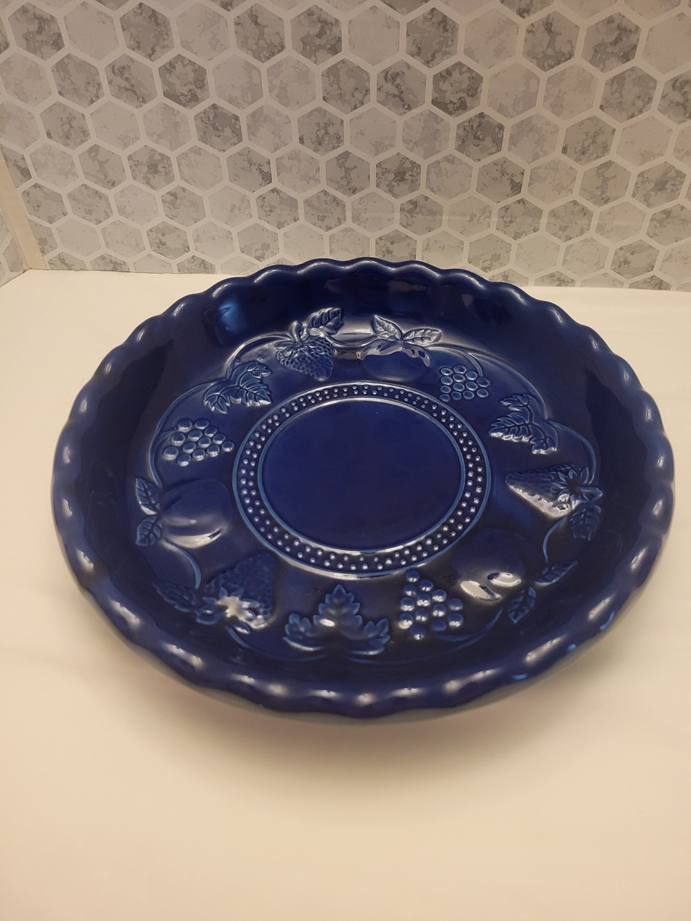 Glossy Blue Ceramic Fruit-Relief Pie Plate